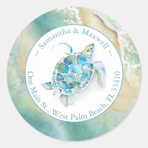 Watercolor Sea Turtle  Beach Return Address Cl Classic Round Sticker
