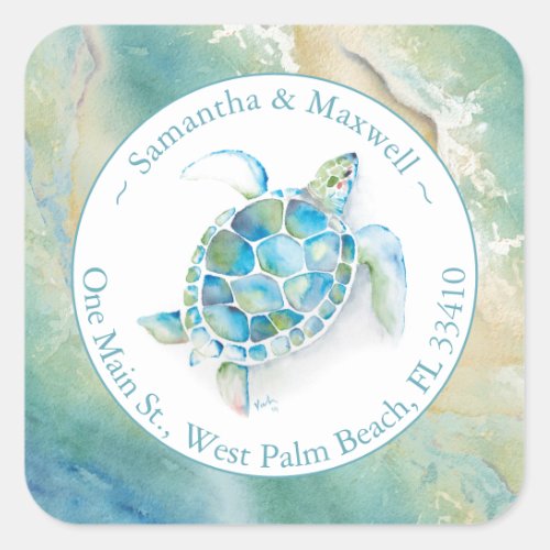 Watercolor Sea Turtle  Beach Return Address Square Sticker