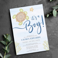 Watercolor Sea Turtle Boy Baby Shower Invitation