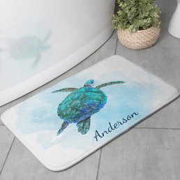 Watercolor Sea Turtle Coastal Ocean Bath Mat