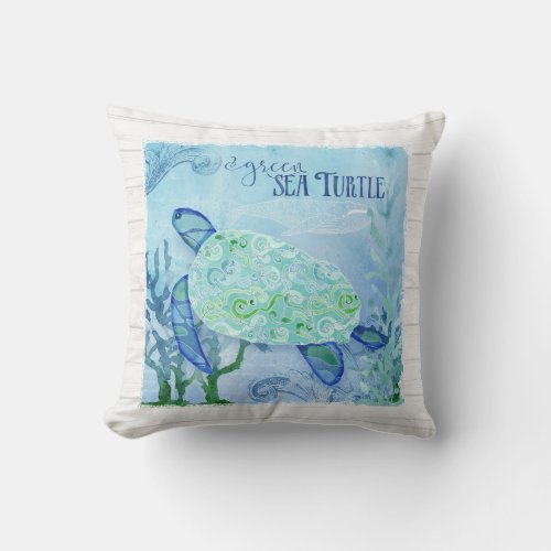Watercolor Sea Turtle Coral Whale Beach Decor Art Throw Pillow