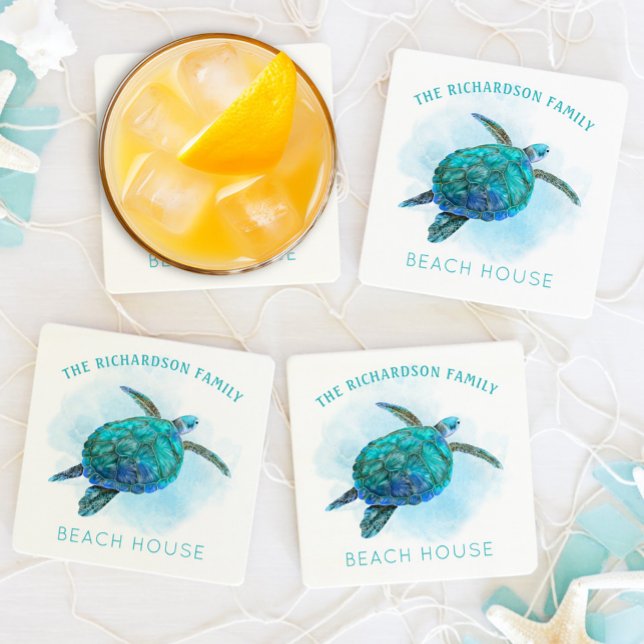Watercolor Sea Turtle Family Beach House Beverage Coaster (Creator Uploaded)