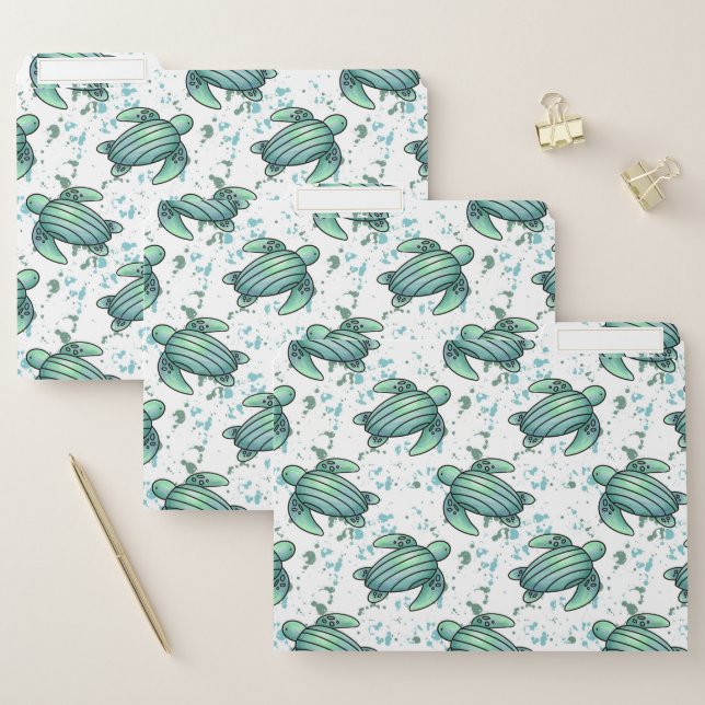 watercolor sea turtle green blue pattern animal file folder (Set)