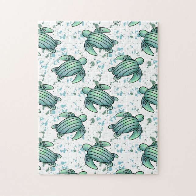 watercolor sea turtle green blue pattern animal jigsaw puzzle (Vertical)