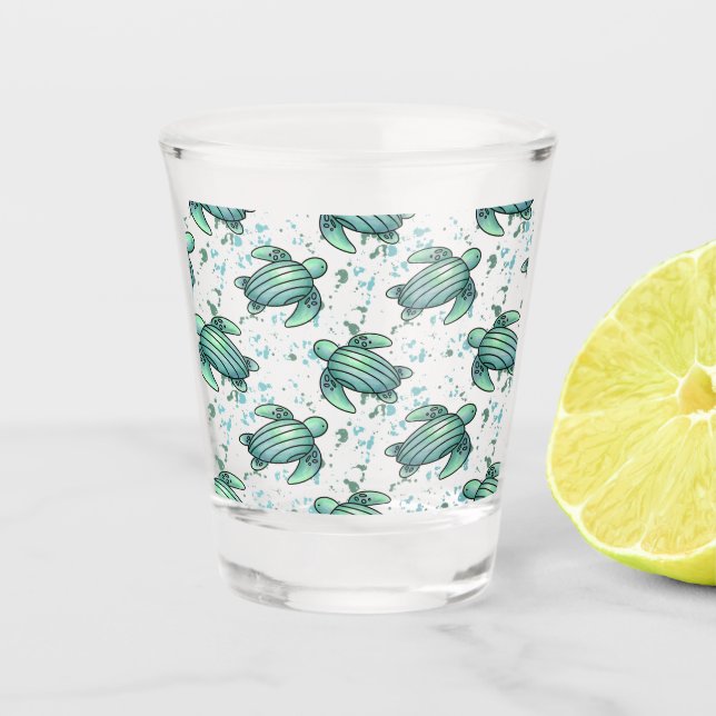 watercolor sea turtle green blue pattern animal shot glass (Front)