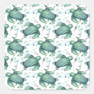 watercolor sea turtle green blue pattern animal square sticker