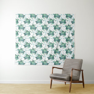 watercolor sea turtle green blue pattern animal tapestry