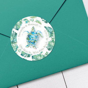 Watercolor Sea Turtle & Greenery Return Address Classic Round Sticker