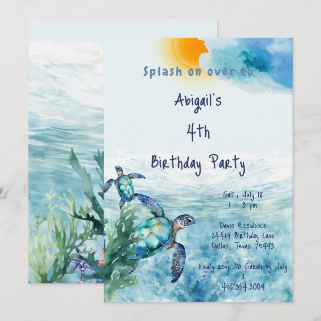Watercolor Sea Turtle Kid's Birthday Party  Invitation (Front/Back)