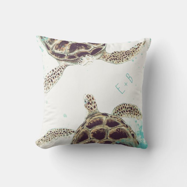 Watercolor Sea Turtle Love Designer Personalized Outdoor Pillow (Front)