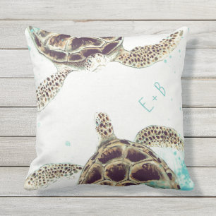 Watercolor Sea Turtle Love Designer Personalized Outdoor Pillow