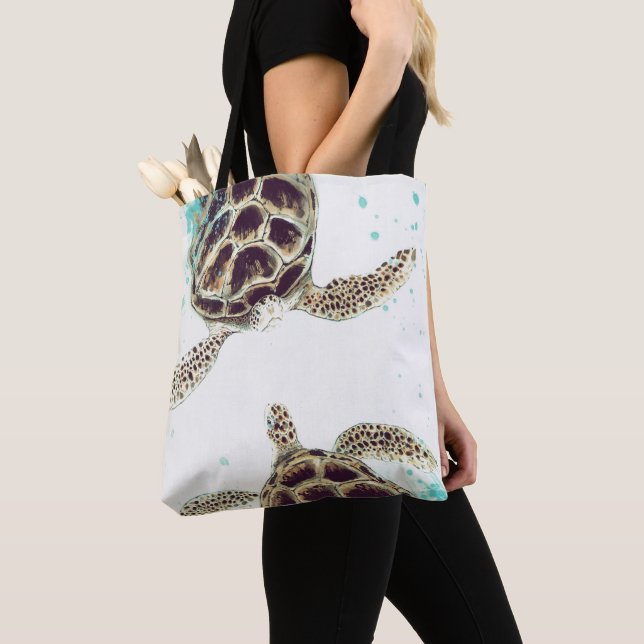 Watercolor Sea Turtle Love Designer Tote Bag (Close Up)