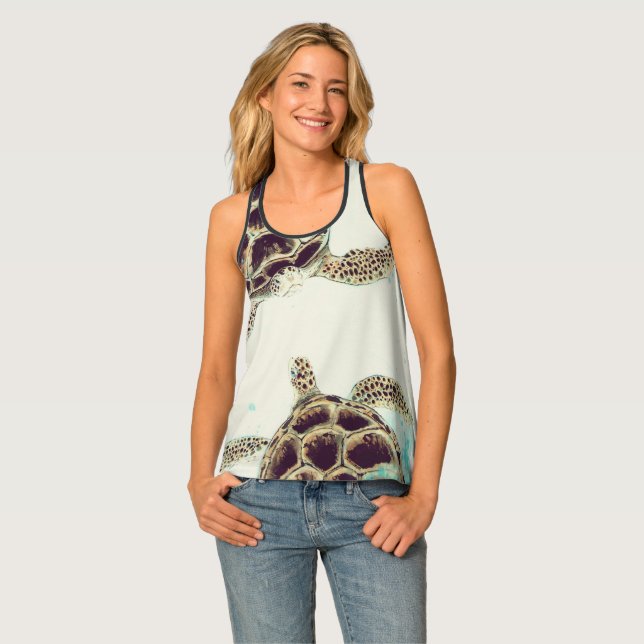Watercolor Sea Turtle Love Designer Womens Fashion Tank Top (Front Full)
