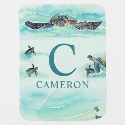 Watercolor Sea Turtle Monogram Name Turquoise Baby Blanket