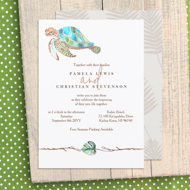 Watercolor Sea Turtle & Monstera Leaf Wedding Invitation (turquoise green brown sea turtle monstera leaf rustic tropical colors wedding invitation)