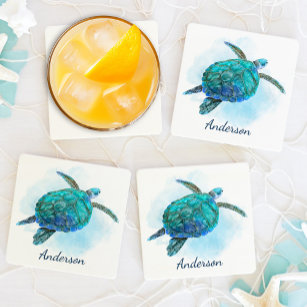Watercolor Sea Turtle Nautical Coastal Ocean Beverage Coaster