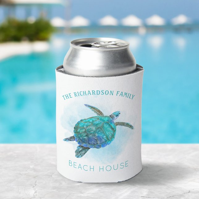 Watercolor Sea Turtle Ocean Beach House Can Cooler (Creator Uploaded)