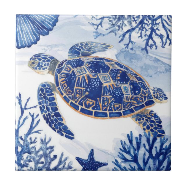 Watercolor Sea Turtle Ocean Blue Ceramic Tile (Front)