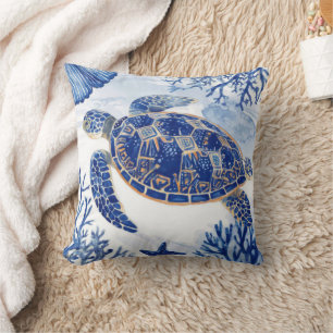 Watercolor Sea Turtle Ocean Blue Throw Pillow