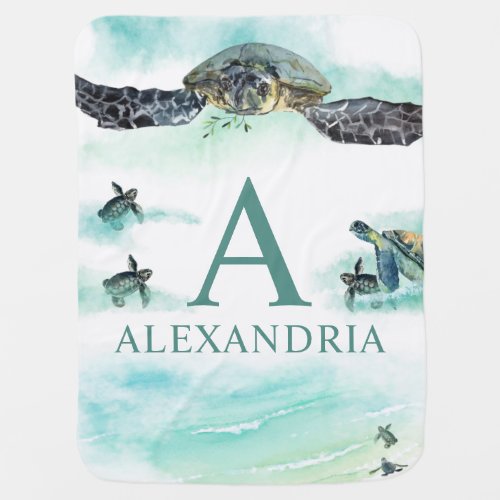 Watercolor Sea Turtle Ocean Monogram Name Baby Blanket