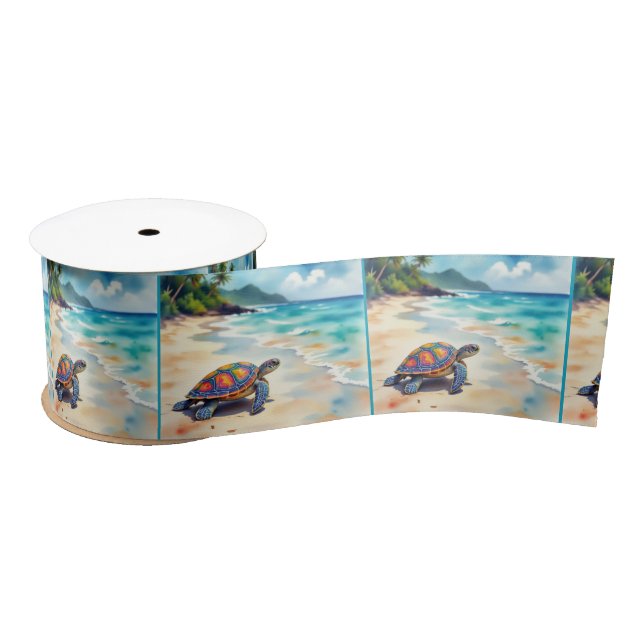 Watercolor Sea Turtle On a Beach Satin Ribbon (Spool)