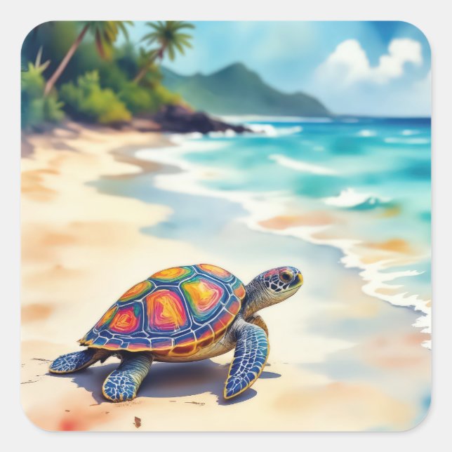 Watercolor Sea Turtle On a Beach Square Sticker (Front)