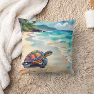 Watercolor Sea Turtle On a Beach Throw Pillow
