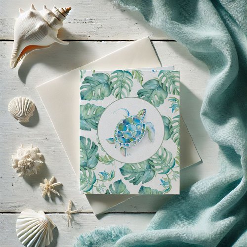 Watercolor Sea Turtle Palm Leaves Thank You Card