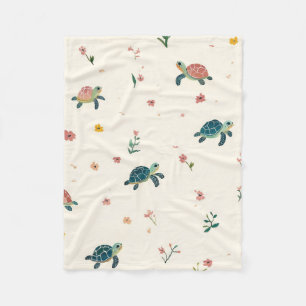 Watercolor Sea Turtle Pattern Cute Coastal Floral Fleece Blanket