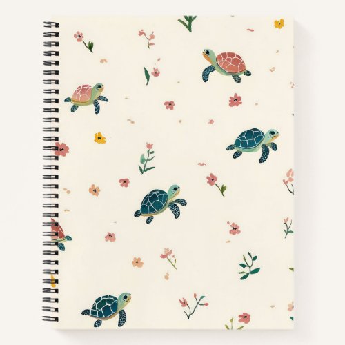 Watercolor Sea Turtle Pattern Cute Coastal Floral Notebook