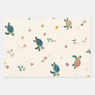 Watercolor Sea Turtle Pattern Cute Coastal Floral Wrapping Paper Sheets