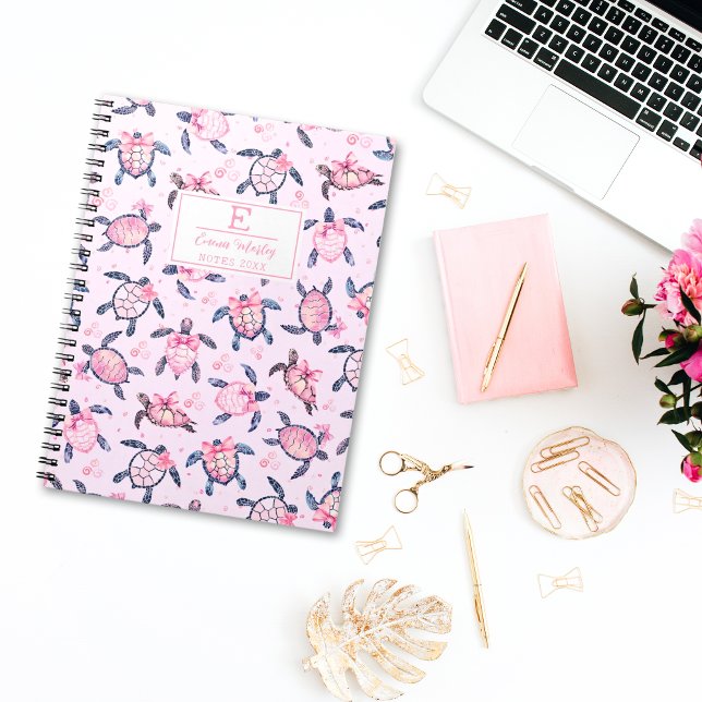 Watercolor Sea Turtle Personalized Cute Bow Girly Notebook (Creator Uploaded)