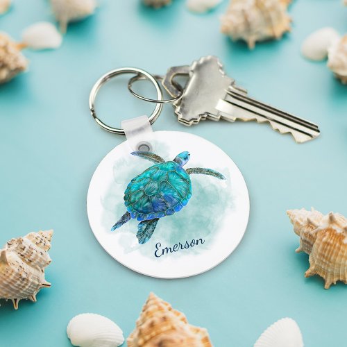 Watercolor Sea Turtle Personalized Keychain