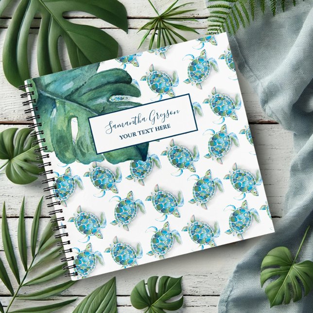 Watercolor Sea Turtle Personalized Notebook (Notebook personalized with sea turtle pattern and tropical monstera leaf art by Victoria Grigaliunas)