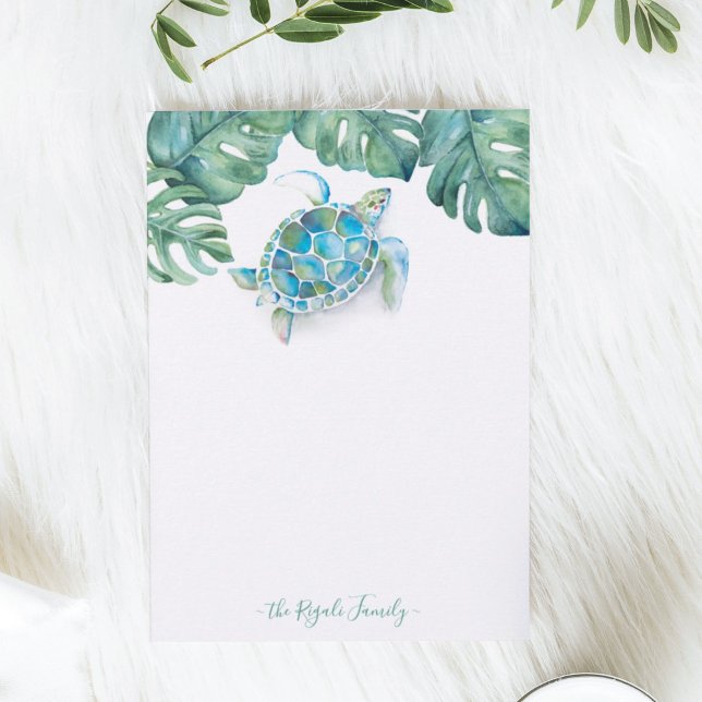 Watercolor Sea Turtle Personalized Stationery Note Card (Turtle personal stationery features watercolor tropical art by Victoria Grigaliunas Do Tell A Belle)