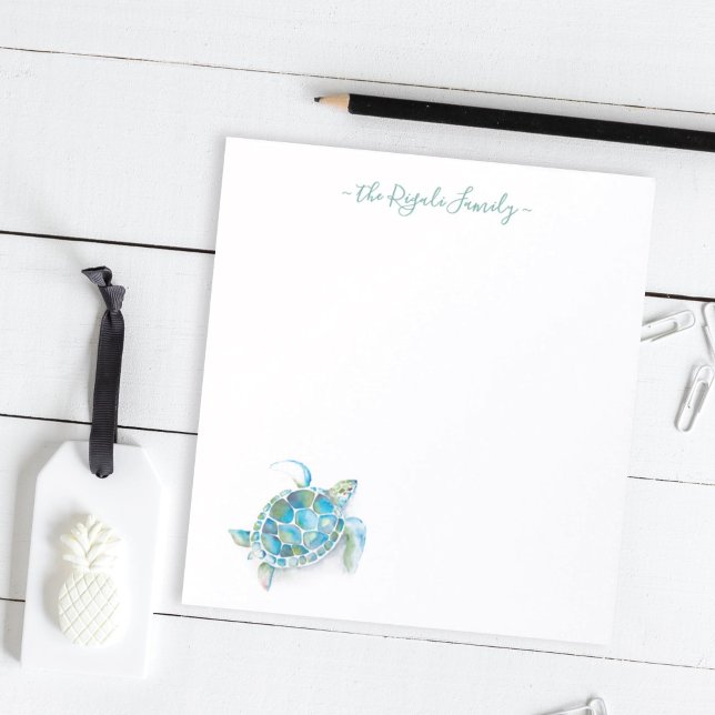 Watercolor Sea Turtle Personalized Stationery Notepad (Sea Turtle notepad personalized unique watercolor art by Victoria Grigaliunas of Do Tell A Belle)