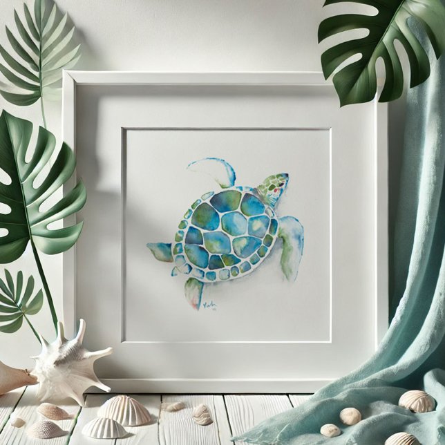 Watercolor Sea Turtle Poster (Sea turtle drawing beach pictures watercolor art by Victoria Grigaliunas Do Tell A Belle)
