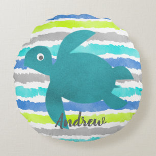 Watercolor Sea Turtle Shibori Stripes and Wave Round Pillow