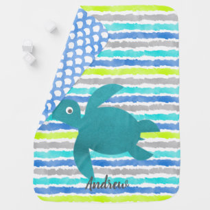 Watercolor Sea Turtle Shibori Stripes and Waves Stroller Blanket