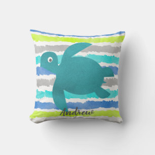 Watercolor Sea Turtle Shibori Wave And Stripes Throw Pillow