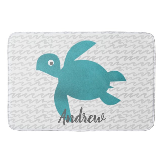 Watercolor Sea Turtle Shibori Wave Bathroom Mat (Front)