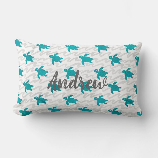 Watercolor Sea Turtle Shibori Wave Lumbar Pillow (Front)