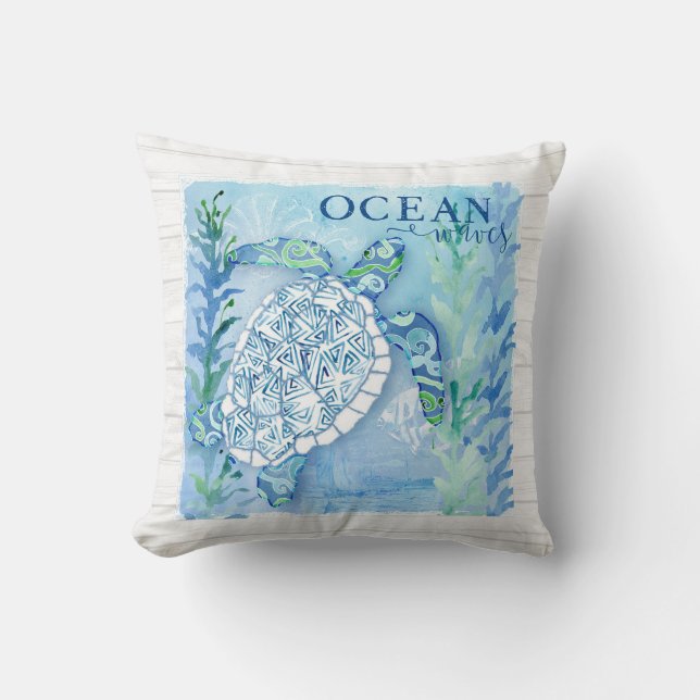 Watercolor Sea Turtle Triangle Pattern Shell Beach Throw Pillow (Front)