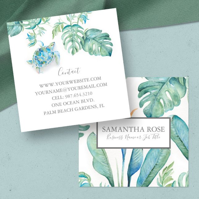Watercolor Sea Turtle Tropical Greenery Square Business Card (Florida tropical sea turtle business cards feature watercolor art Victoria Grigaliunas DoTellABelle)