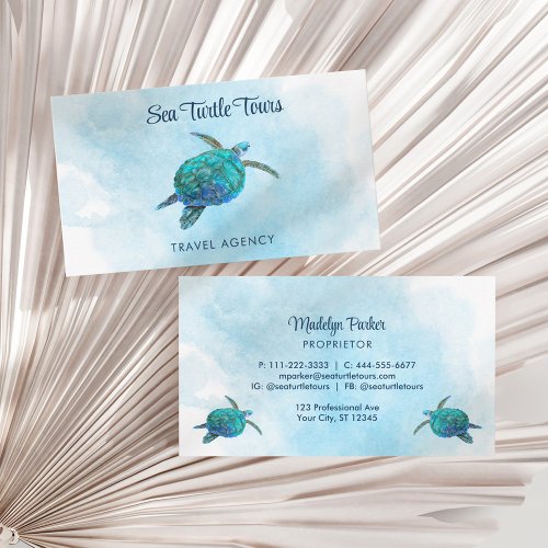 Watercolor Sea Turtle Tropical Teal Aqua Blue Business Card