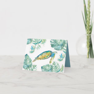 Watercolor Sea Turtle with Monstera Palm Leaves Letterpress Thank You Card