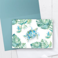 Watercolor Sea Turtle with Monstera Palm Leaves