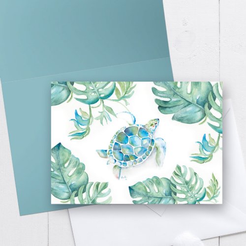 Watercolor Sea Turtle with Monstera Palm Leaves Thank You Card