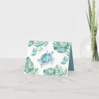 Watercolor Sea Turtle with Monstera Palm Leaves Thank You Card