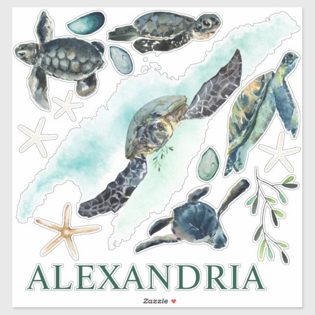 Watercolor Sea Turtles Coastal Collection Name Sticker (Sheet)